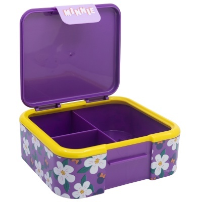 Estojo de plástico roxo com tampa translúcida e estampa de flores brancas