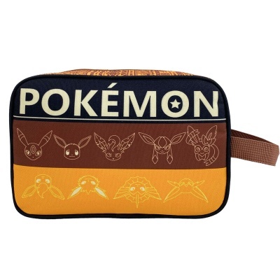Carteira ou bolsa tipo nécessaire Pokémon em castanho, laranja, preto com desenhos lineares de personagens e logo Pokémon