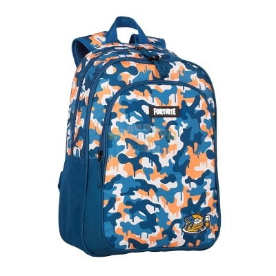 Mochila camuflada azul, branco e laranja com texto FORTNITE e personagem com moedas