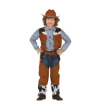 Criança com fato de cowboy castanho, azul e branco