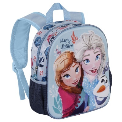 Mochila infantil azul claro com estampa Frozen e texto 'Magic of Nature'.