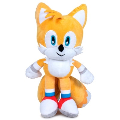 Pelúcia do personagem Tails laranja e branco com sapatos vermelhos e azuis