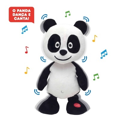 Pelúcia de panda preta e branca com texto O PANDA DANÇA E CANTA