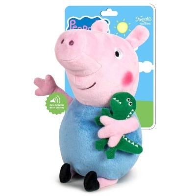 Pelúcia Peppa Pig azul e rosa com dinossauro verde e embalagem colorida