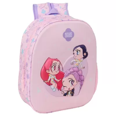 Mochila rosa com personagens de desenho K-Pop Kween e padrão floral