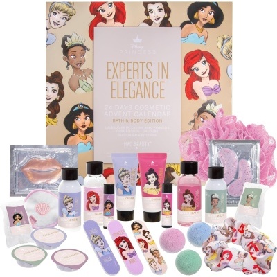 Produtos cosméticos da Disney Princess Experts in Elegance com embalagens coloridas e desenhos das princesas