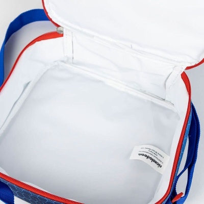 Mala térmica azul com interior branco, zíper vermelho e alça azul, área interna visível