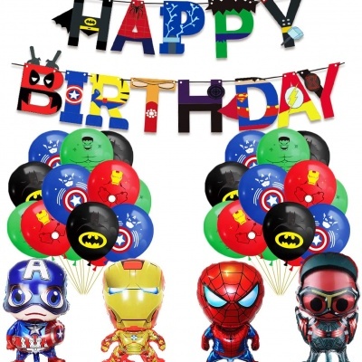 Decoração de festa com balões de super-heróis Marvel e faixa HAPPY BIRTHDAY
