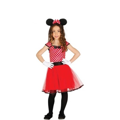 Vestido infantil vermelho com bolinhas brancas, saia de tule, luvas brancas e orelhas de rato pretas com laço vermelho