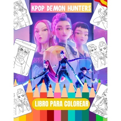 Livro para colorir KPOP DEMON HUNTERS com personagens e lápis de cor