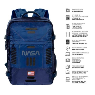 Mochila azul escuro da NASA com logótipo branco e bandeira dos EUA