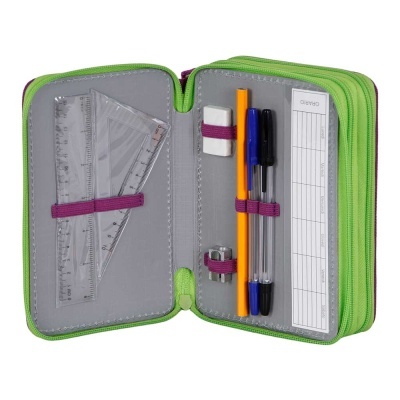 Estojo escolar verde aberto com materiais de escrita e régua