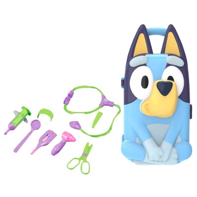 Brinquedo de conjunto médico com mala de cão azul e acessórios médicos coloridos