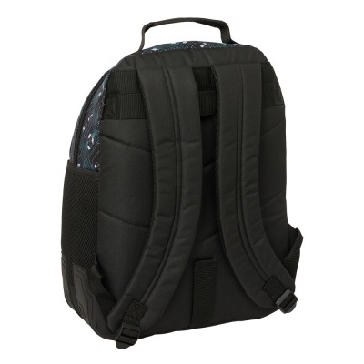 Mochila preta com alças almofadadas e padrão azul na parte superior