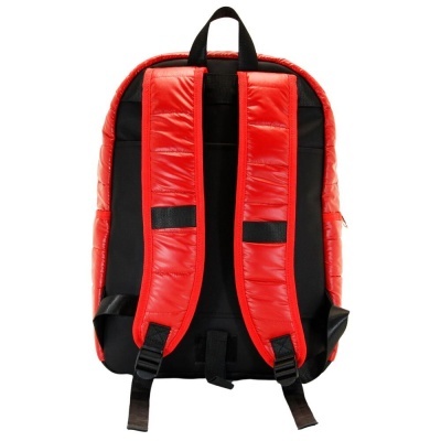 Mochila vermelha e preta vista de trás com alças acolchoadas