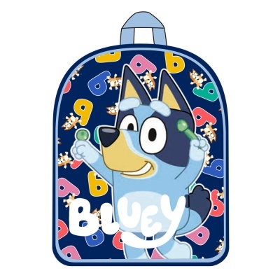 Mochila infantil azul com desenho do cão Bluey e letras coloridas