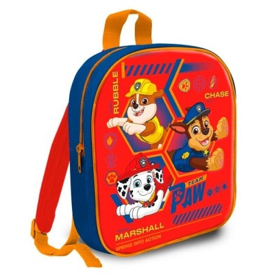 Mochila infantil azul e vermelha com personagens da equipa PAW e alças laranja e vermelho
