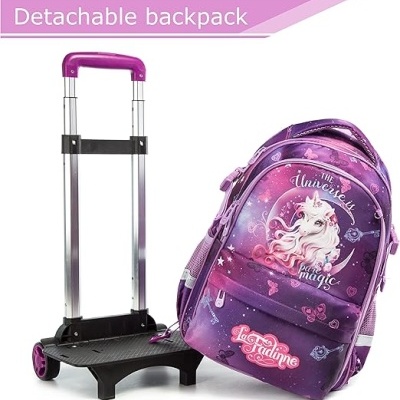 Mochila destacável roxa com unicórnio e carrinho com pega roxa