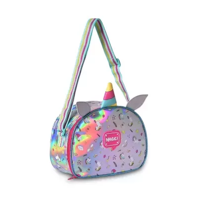 Mala infantil holográfica lilás com chifre e orelhas de unicórnio