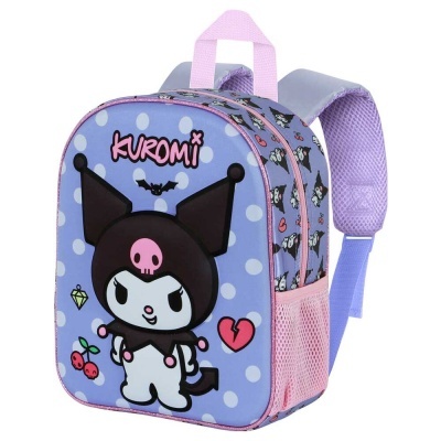Mochila infantil violeta com personagem Kuromi e padrão de bolinhas