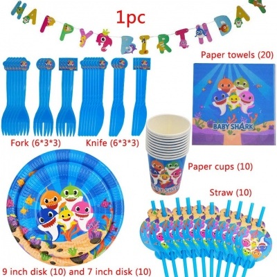 Conjunto festa de aniversário Baby Shark com pratos, copos, guardanapos, garfos, facas e palhinhas azuis decorados