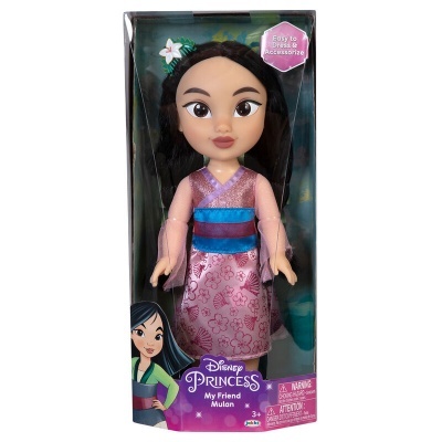 Boneca Disney My Friend Mulan em caixa com vestido rosa e faixa azul