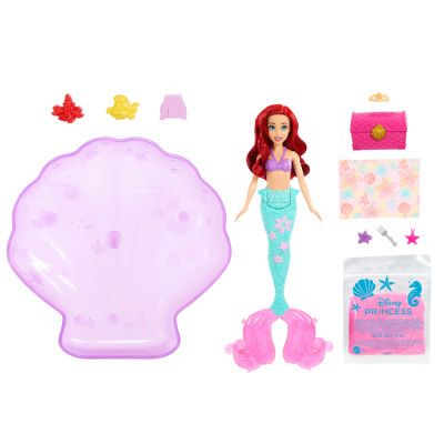 Conjunto de boneca sereia Disney com base de concha lilás, baú rosa e acessórios coloridos