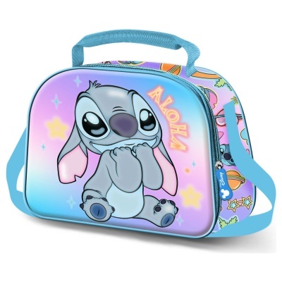 Mala com alça azul claro e personagem Stitch em fundo lilás e azul com texto ALOHA