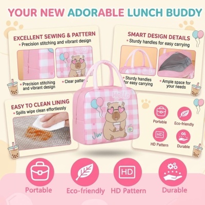 Mala de almoço rosa com padrão xadrez e desenho de urso e texto Hello