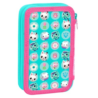 Estojo escolar colorido com personagens animados de gatos em padrão circular
