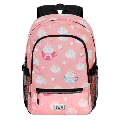 Mochila rosa com padrão de unicórnios em xícara e etiqueta OH MY POP