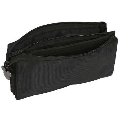 Estojo escolar preto com três compartimentos e fechos de correr