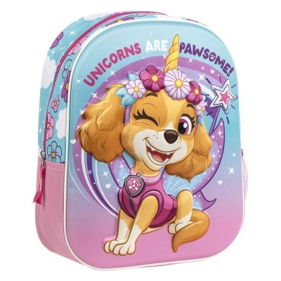 Mochila infantil colorida com desenho de cão unicórnio e texto 'UNICORNS ARE PAWSOME!'