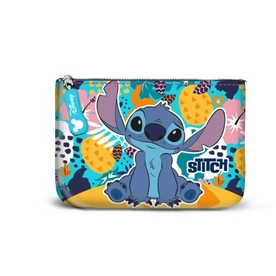 Carteira pequena azul com Stitch da Disney e padrão colorido de frutas tropicais