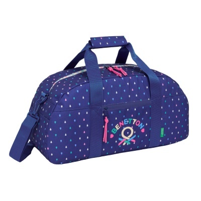 Mala de viagem azul escura com padrão de gotas coloridas e logo BENETTON