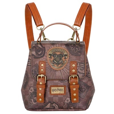 Mochila temática de Harry Potter castanha com alças laranja e padrões mágicos
