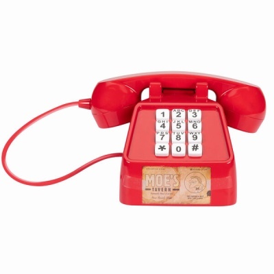 Telefone de mesa vermelho com fios e botões brancos numerados