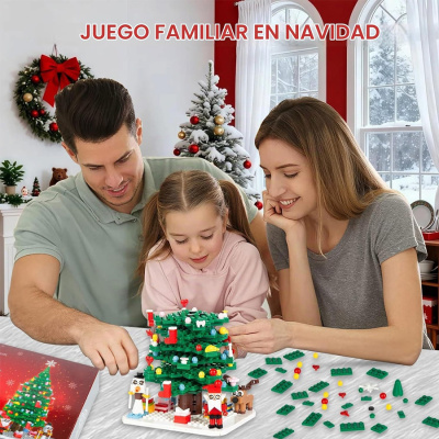 Família a montar jogo de construção com árvore de Natal em plástico colorido