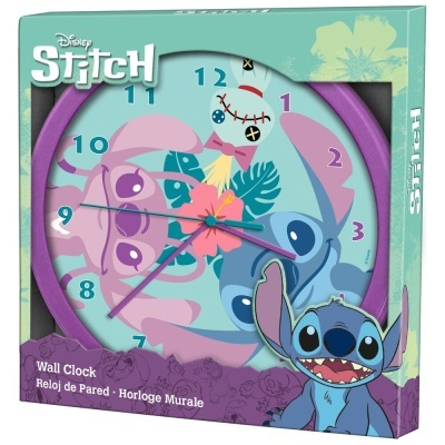 Relógio de parede redondo com personagens Stitch e boneca Voodoo em fundo azul e rosa
