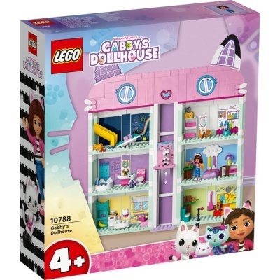 Caixa LEGO Gabby's Dollhouse com casa de bonecas cor-de-rosa e lilás, 4+ anos