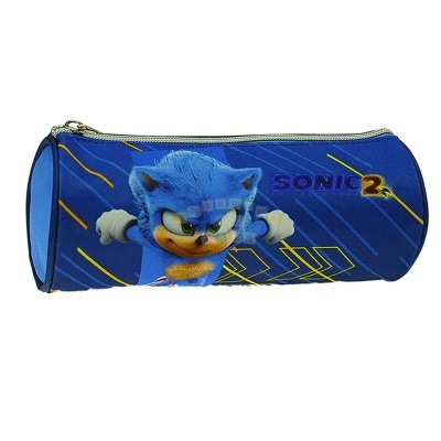 Estojo escolar cilíndrico azul com imagem do Sonic e texto SONIC 2
