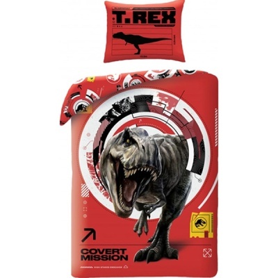 Conjunto de roupa de cama vermelho com dinossauro T. rex e texto T.REX