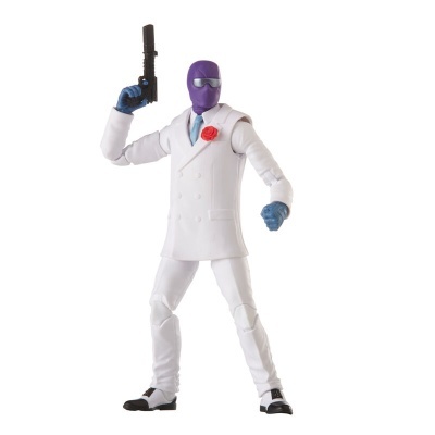 Figura de ação com fato branco, máscara roxa e pistola preta