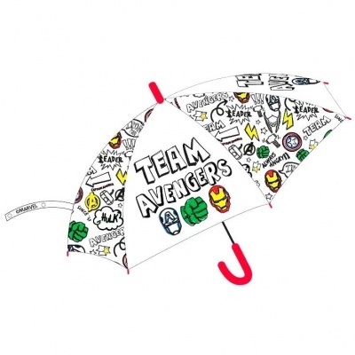Guarda-chuva branco com desenhos dos Avengers e cabo vermelho