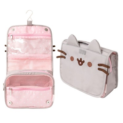 Estojo de organização pendurável em forma de rosto de gato cinza e rosa com bolsos transparentes e de rede