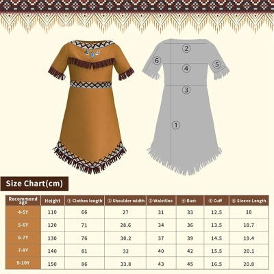 Vestido infantil marrom com franjas e padrões geométricos, tabela de tamanhos em cm