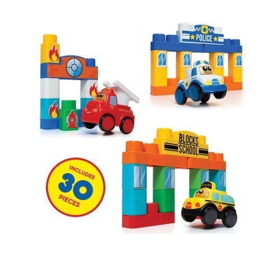 Conjunto de blocos de construção com temas de bombeiros, polícia e escola