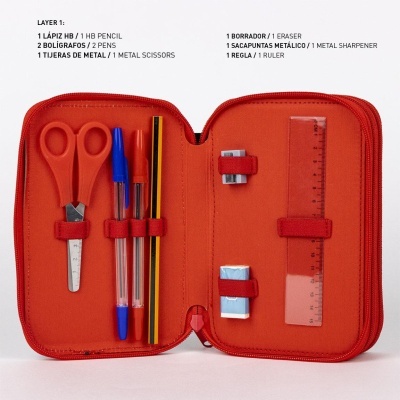 Estojo escolar aberto com tesoura, canetas, lápis, borracha, apontador e régua