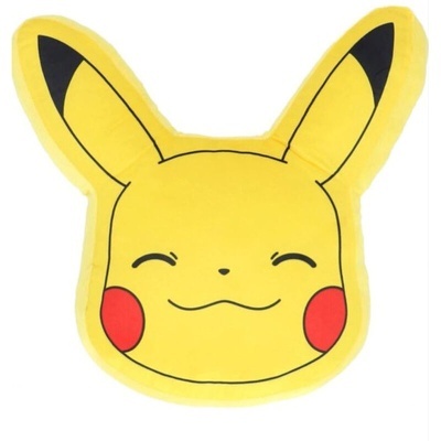 Almofada amarela em forma de cabeça do Pikachu com face sorridente