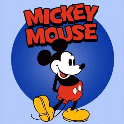 Ilustração do Mickey Mouse com texto e fundo azul